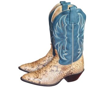 Tony Lama Vintage Blue Leather Tan Python Coastal Cowgirl Boots Embroidered